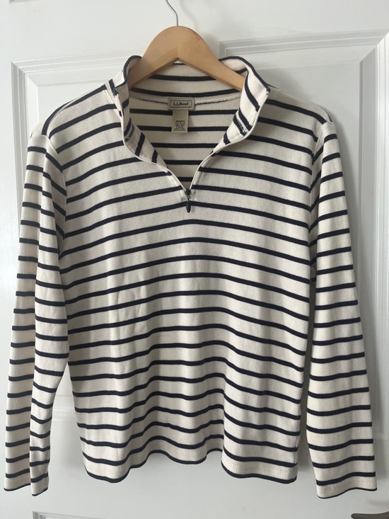 L.L. Bean Sweaters - LL Bean 100% Cotton, Quarter Zip Sweater striped sz medium, cream, navy blue